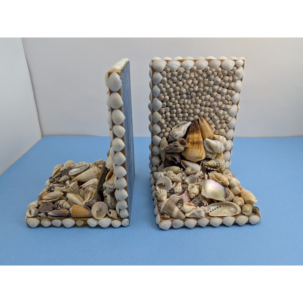 Vintage LARGE Seashell Adorned Handmade Folk Art Bookends 8" Ocean Beachy